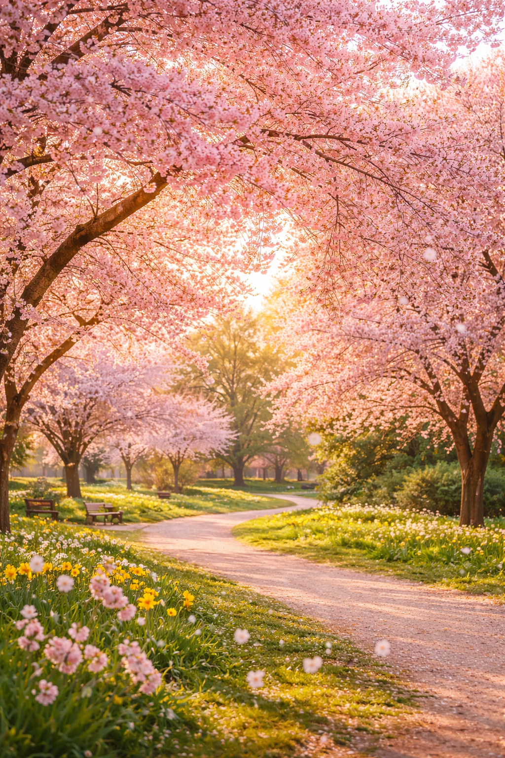 Cherry blossom trees in full bloom lining a sunlit park path in spring, with soft pink petals falling and warm golden light creating a peaceful, natural atmosphere.