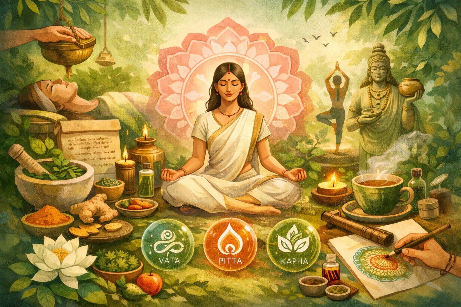 Modern illustration of Ayurveda therapy showing a woman meditating in a cream sari with a soft pink lotus mandala behind her, surrounded by herbs, ghee, spices, tea, and symbols of the Vata, Pitta, and Kapha doshas, representing holistic healing through nutrition, ritual, yoga, and creative art practices.