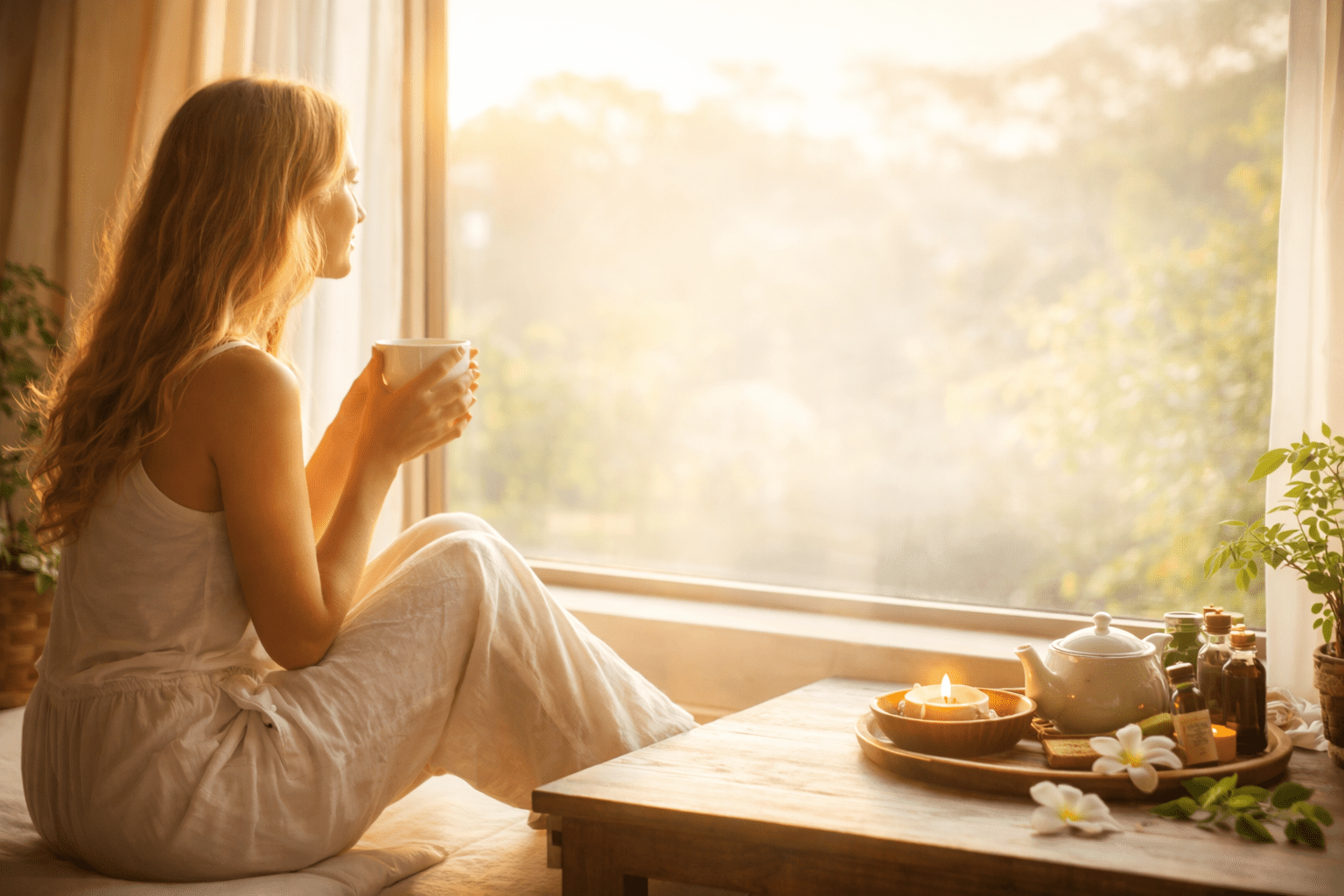 Woman sitting by a sunlit window in the early morning, holding a cup of tea, illustrating a calm Ayurvedic daily routine aligned with natural circadian rhythm
