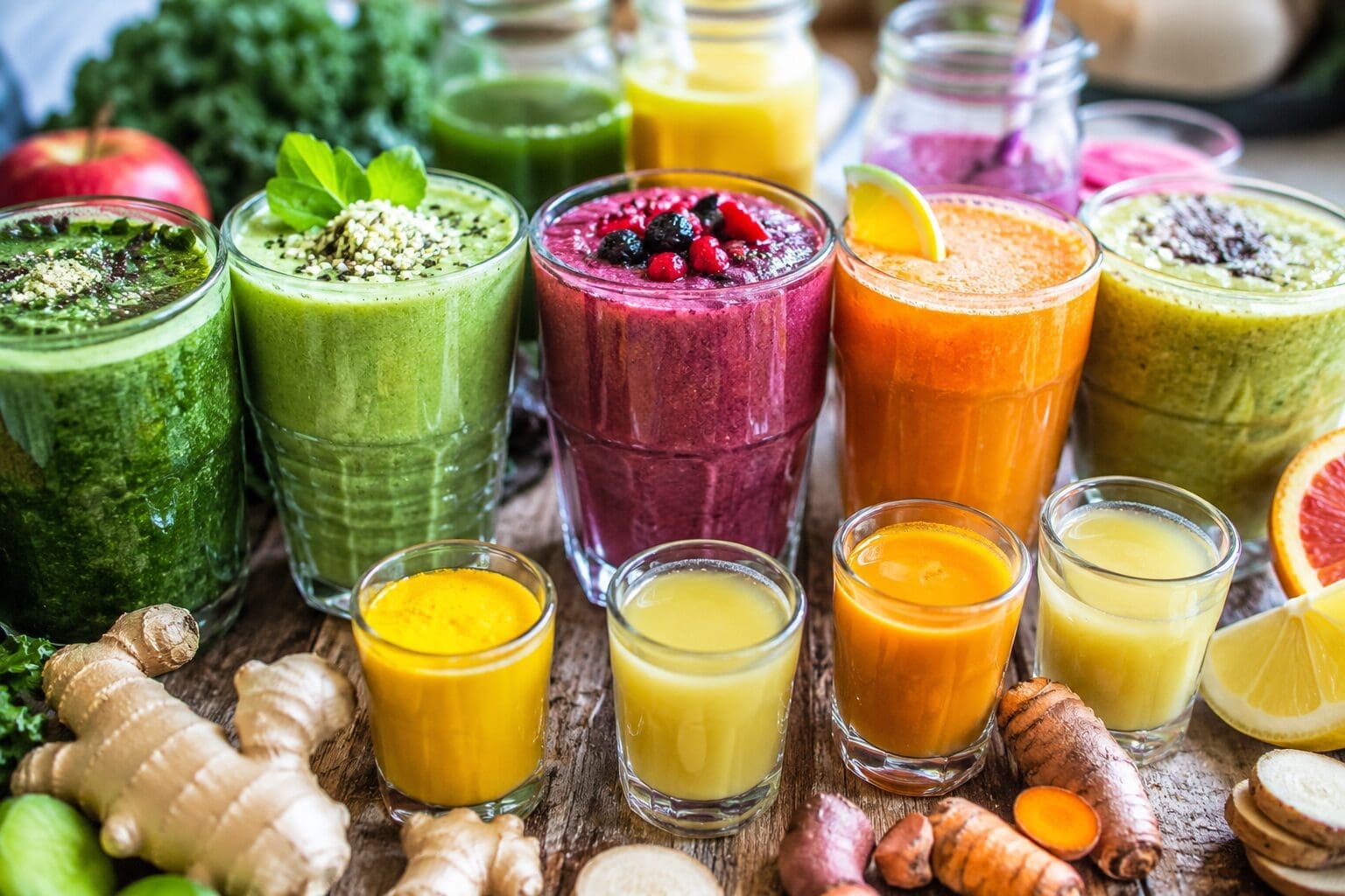 Close-up of a wooden table filled with colorful green smoothies, fresh vegetable juices, ginger shots, turmeric shots, citrus drinks, and Ayurvedic ingredients including fresh ginger root, turmeric, lemon, and leafy greens. The image represents modern wellness trends, holistic nutrition, and Ayurvedic health practices in Lisbon.