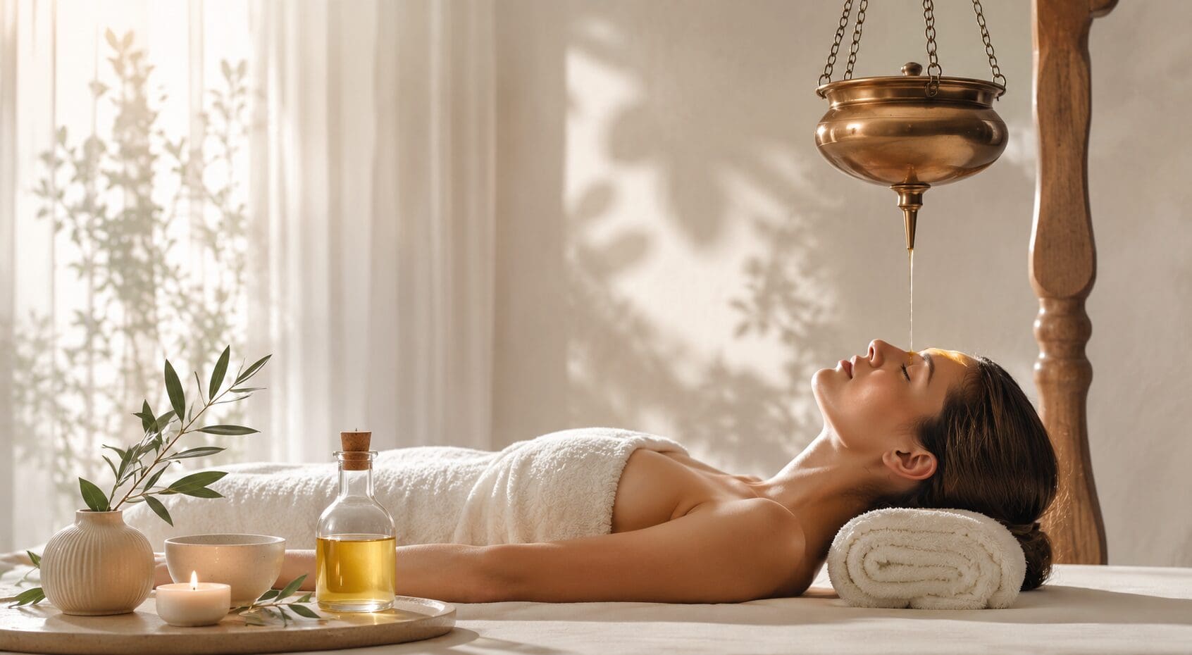 Modern Ayurvedic Panchakarma treatment in a bright wellness studio with herbal oil therapy, natural light, and calming spa atmosphere.