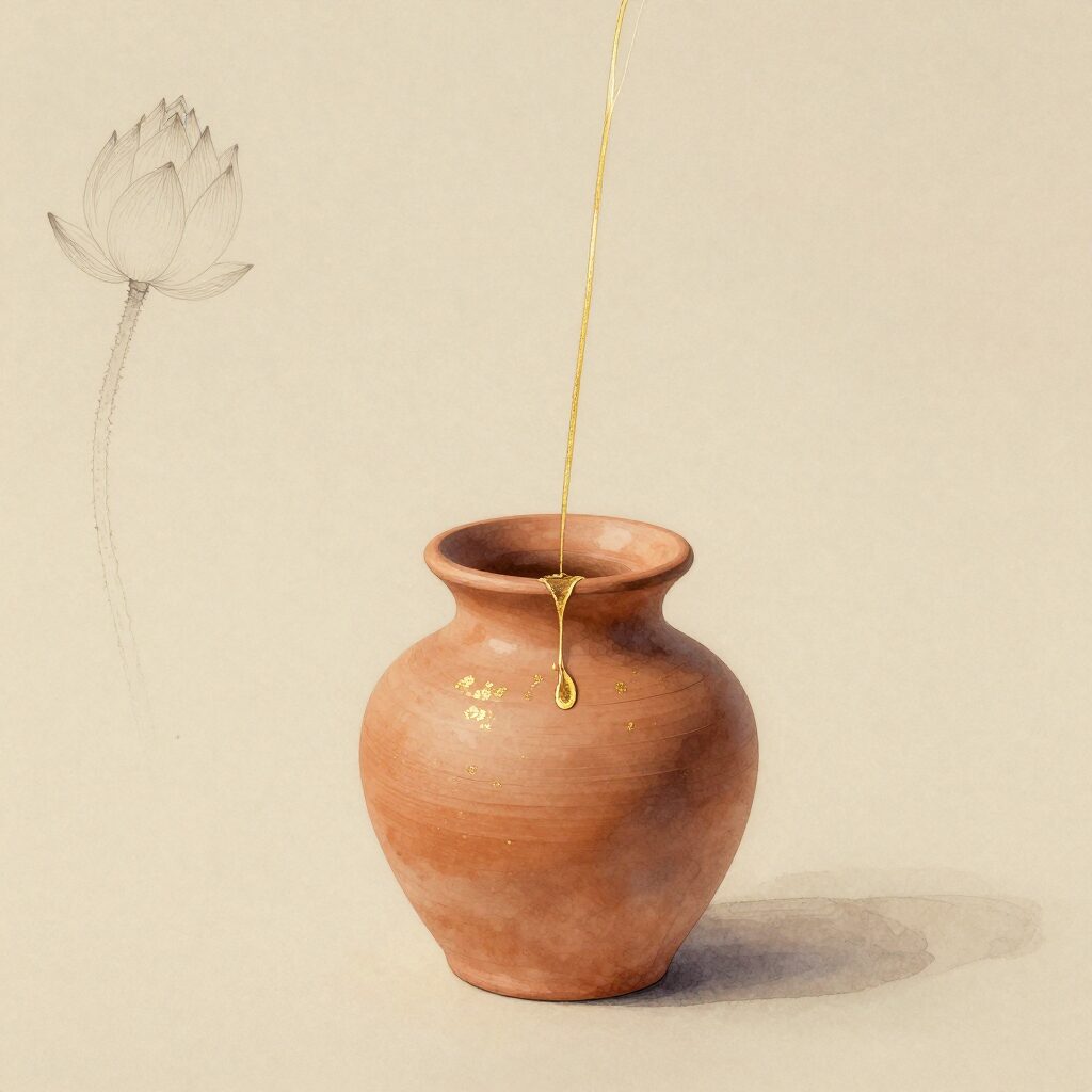 A terracotta clay vessel pouring a thread of golden liquid into soft amber light, with delicate lotus linework, symbolizing the release of undigested guilt in Ayurvedic healing.